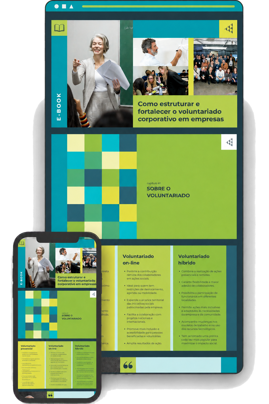 Mockup responsivo do e-book Como estruturar e fortalecer o voluntariado corporativo em empresas